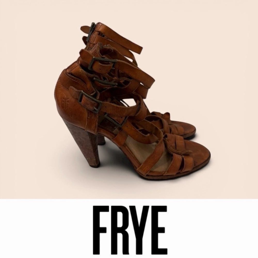Frye Mika Cognac Leather Strappy Heels, Size 7.5, MSRP $325